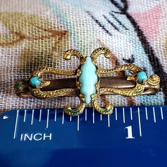 Victorian Turquoise Color Art Deco Vintage Brass Tone Bar Pin C Clasp - Picture 8 of 8